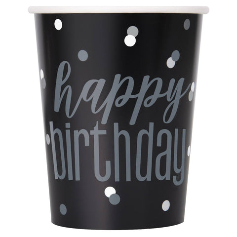 Verres en carton Happy Birthday noir et argent 83588