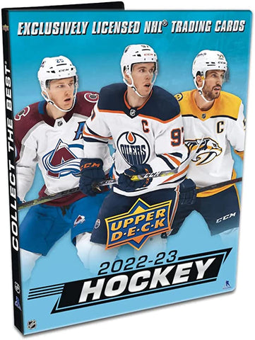 Album upper deck 2022-23 hockey 250 cartes avec 3 paquets 8 cartes